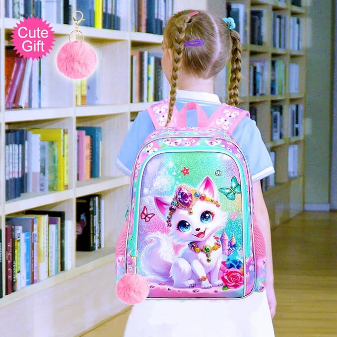 16" Fox Backpack for Girls, 3Pcs Kids Bookbag for Elementary Preschool Kindergarten, School Backpacks with Lunch Box(Pink)
