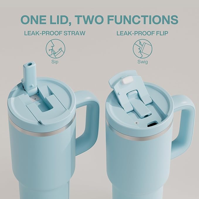 40 oz Tumbler with Handle and Straw: Stainless Steel Insulated Tumbler Keeps Cold for 24 Hours, Leakproof Travel Cup Fits in Cup Holder and BPA-Free, Pewter Blue