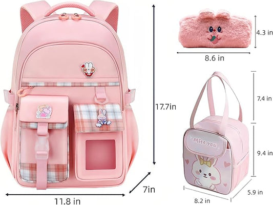 Girl Backpack for School Kids, Pink Cute Bookbag with Lunch Box Rainbow Elementary School Bag Pencil Case (Purple,3Pcs Set)