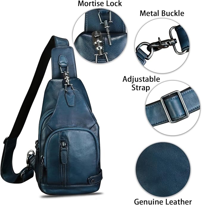 IVTG Genuine Leather Sling Bag Vintage Crossbody Shoulder Bag Handmade Casual Backpack Fanny Purse Chest Bag (NavyBlue)