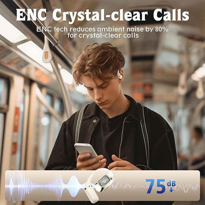 OHAYO Open Ear Headphones,Earbuds with Ergonomic Earhook,Bluetooth Headphones 5.4 with Smart Digital Display,40H Playtime,IPX6 Waterproof,Touch Control Earphones Fit Cycling,Running,Workout(Beige)