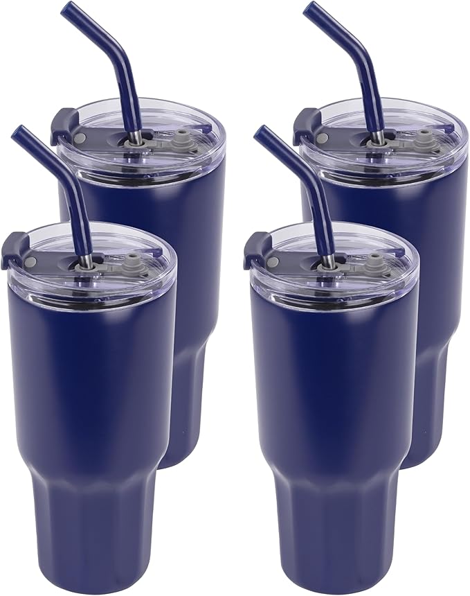 VEGOND 30 oz Insulated Stainless Steel Tumblers with lid and straw Bulk Pack Double Wall Vacuum Coffee Mug with Non-Slip Silicone Base, Sweat Proof Powder Coated Cup for Hot Cold Drinks, Navy 4Pack