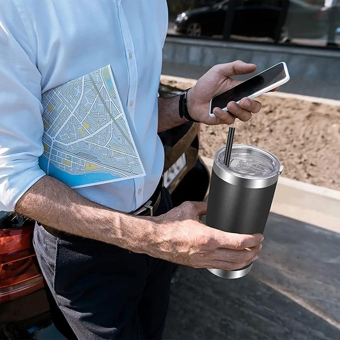 VEGOND 20oz Tumbler with Lid and Straw Stainless Steel Tumbler Cup Bulk Vacuum Insulated Double Wall Travel Coffee Mug Powder Coated Coffee Cup(Black 6 Pack