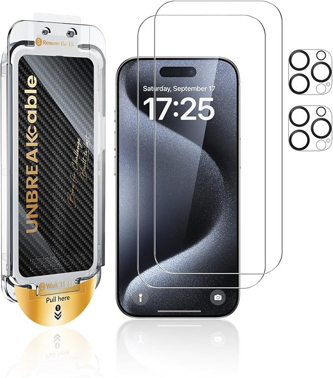 UNBREAKcable 2+2 Pack for iPhone 15 Pro Screen Protector & Lens Protector 【Military-Grade】【Easy Install】【Efficient Night Shot】9H+ Shatterproof Tempered Glass Film,Bubble-Free&Anti-Fingerprint ,Case Friendly-6.1 inch