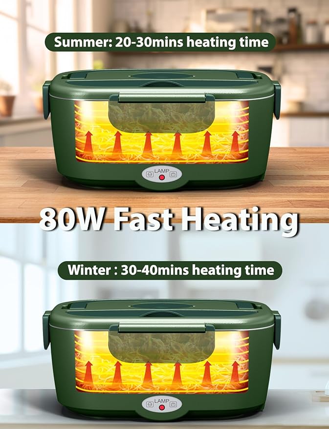 Electric Lunch Box for Adults, 80W Fast Heated Lunch Box with Dual 1.5L Stainless Steel Containers, Portable Food Warmer with Insulated Bag for Car/Office/Outdoor - Lonchera Eléctrica Portátil