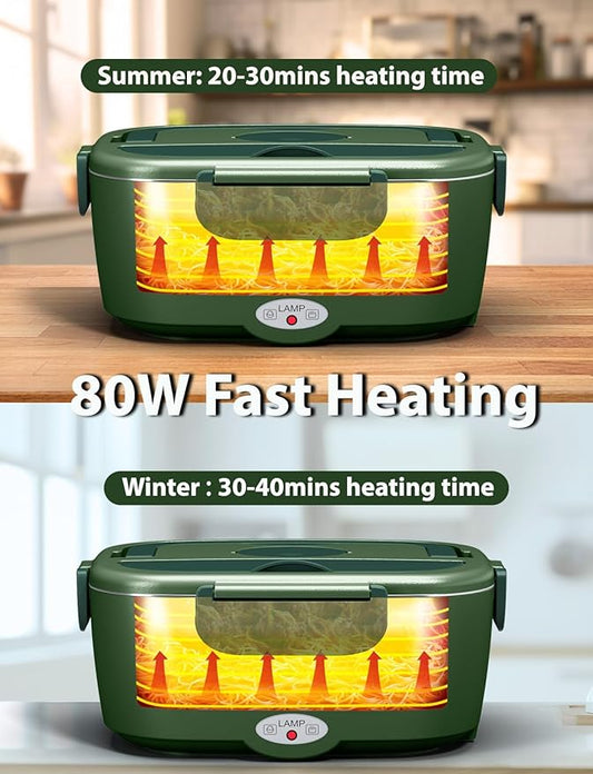 Electric Lunch Box for Adults, 80W Fast Heated Lunch Box with Dual 1.5L Stainless Steel Containers, Portable Food Warmer with Insulated Bag for Car/Office/Outdoor - Lonchera Eléctrica Portátil