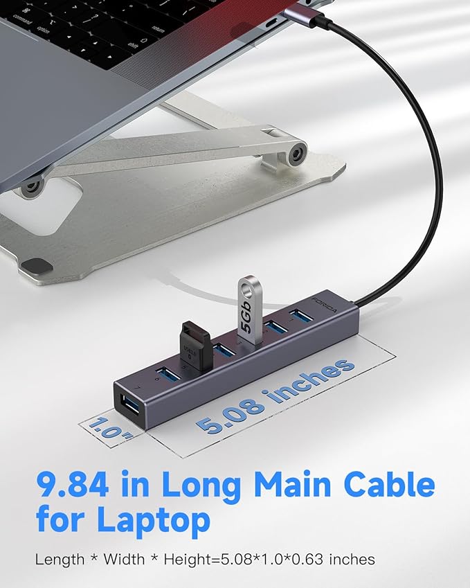 FORIDA USB C to USB Hub, 8 Ports USB 3.0 Adapter with 7 USB 3.0 Data Ports,USB Splitter with USB C 5V/3A Power Port, 9.8N/25CM Main Cable for Laptop PC and More (Dark Gray, 9.8 in)