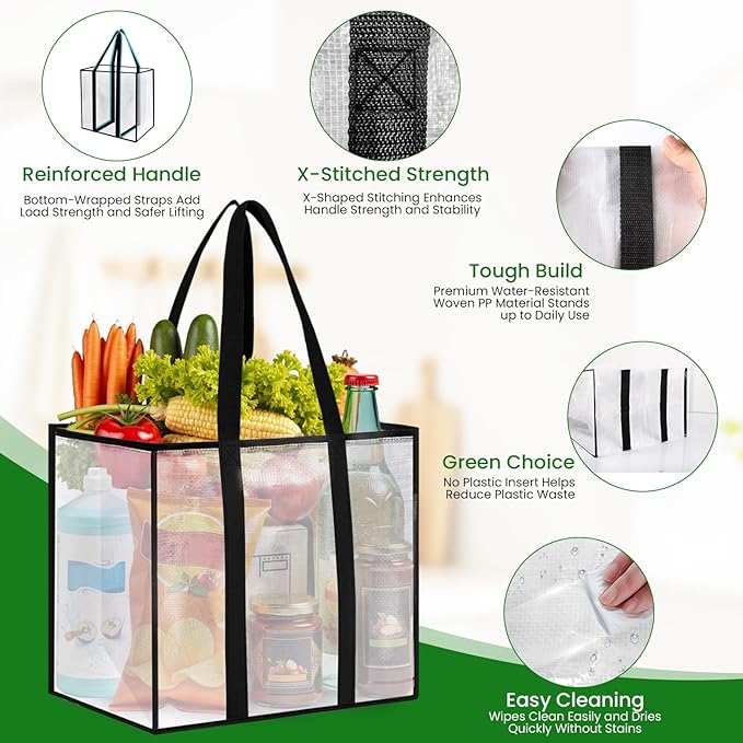 10 Pack Reusable Grocery Bags, Heavy-Duty Shopping Bags with Sturdy Handles, Water-Resistant & Foldable Organizer, Shopping Bags for Groceries, Market, Car Trunk, Multi-Purpose, 42L