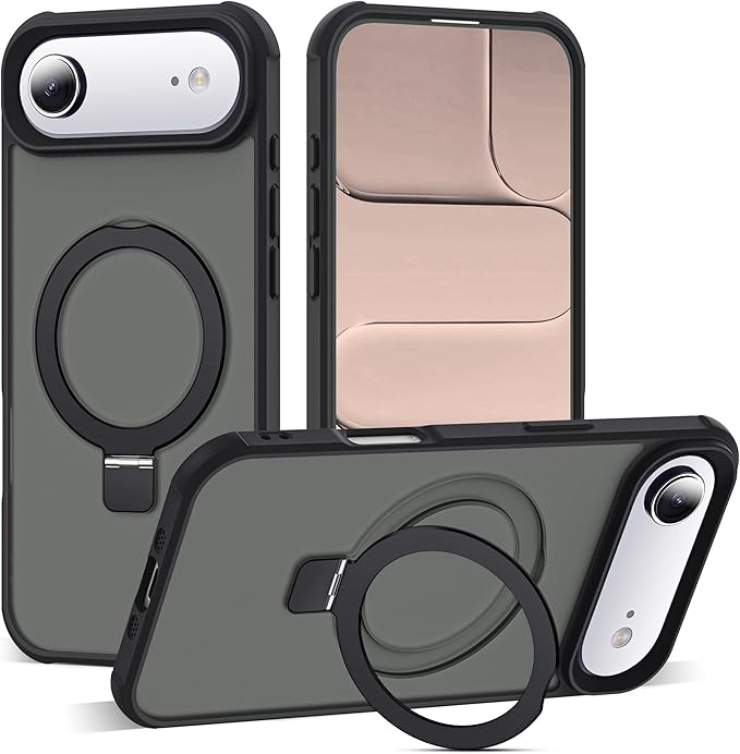 Compatible with iPhone 17 Air Case with Invisible Magnetic O-Ring Stand Military-Grade Translucent Phone Case for iPhone 17 Air 6.5" [Compatible with Mag-Safe][Great Grip Feeling], Black