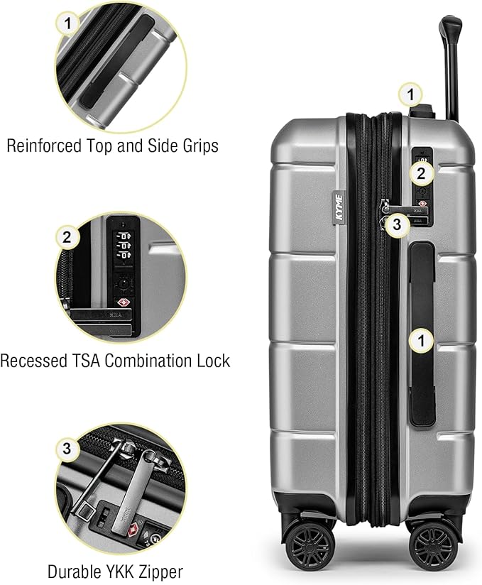 KYME Hardside Expandable Carry On Luggage 22x14x9 Airline Approved 20 Inch Hardshell Carry On Suitcase with Wheels TSA Lock Small Travel Rolling Luggage with Cup Holder for Women Men Silver