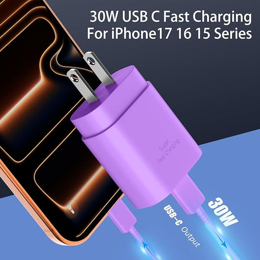 Phone 17 16 15 Charger Fast Charging,30W USB C Phone 17 16 15 Pro Max Charger Block &10FT Long Type C Cable Cord for i.Phone 17/17 Air/17 Pro/17 Pro Max/16/16 Plus/16 Pro Max/15/15 Pro Max,Purple