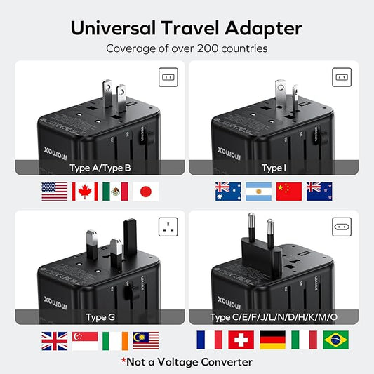 MOMAX European Travel Plug Adapter, Worldwide All in One Travel Adapter, International Power Adapter Wall Charger with 3 USB A and 1USB C Charging Ports for Travel Essentials (Type C/G/A/I)