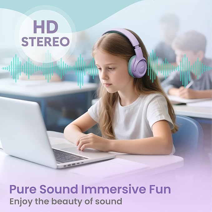 Kids Headphones with Cord for School - Over-Ear 85/94dB Volume Limiter, 3.5mm Jack Foldable Stereo Sound Headset for Toddlers Girls Boy Travel Learning Entertainment Tablet Kindle iPad PC Purple Green