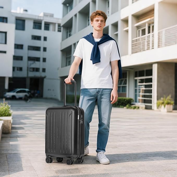 KYME Suitcase Hardshell With Double Spinner Wheels, PC+ABS TSA Lock Travel Luggage (Black, 20" Carry On)