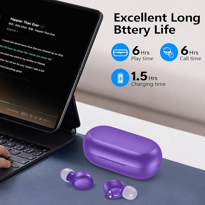 kurdene Wireless Earbuds Bluetooth 5.3 in Ear Buds Light Weight Headphones,Deep Bass Sound,Built in Mics Headset,Clear Calls Earphones for Sports Workout Purple