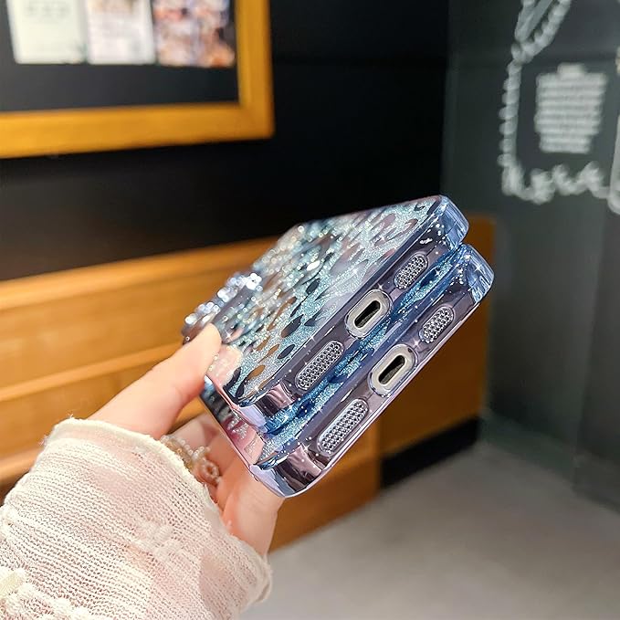 for iPhone 16 Pro Case Magnetic,Soft Cute Luxury Leopard Cheetah Pattern Plating Glitter Bling Phone Case Compatible with MagSafe Clear Shockproof Back Cover for Women Girl 6.3"-Blue