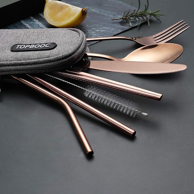 Portable Stainless Steel Flatware Set, Travel Camping Cutlery Set, Portable Utensil Travel Silverware Dinnerware Set with a Waterproof Case (Rose God)