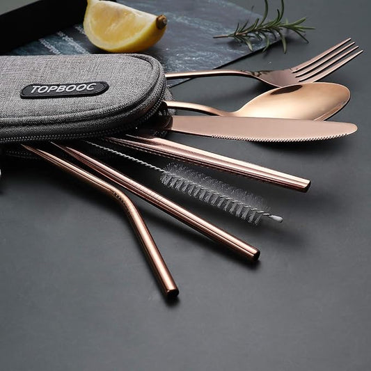 Portable Stainless Steel Flatware Set, Travel Camping Cutlery Set, Portable Utensil Travel Silverware Dinnerware Set with a Waterproof Case (Rose God)