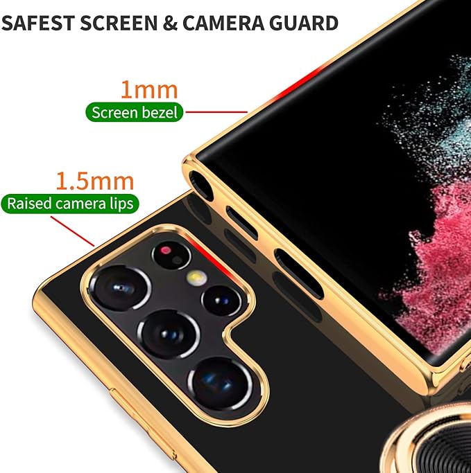 Tnarru Compatible for Samsung Galaxy S22 Ultra Case with Ring Holder Kickstand [with Magnetic] Soft TPU Shockproof Electroplated Protective Phone Case for Galaxy S22 Ultra 5G Black