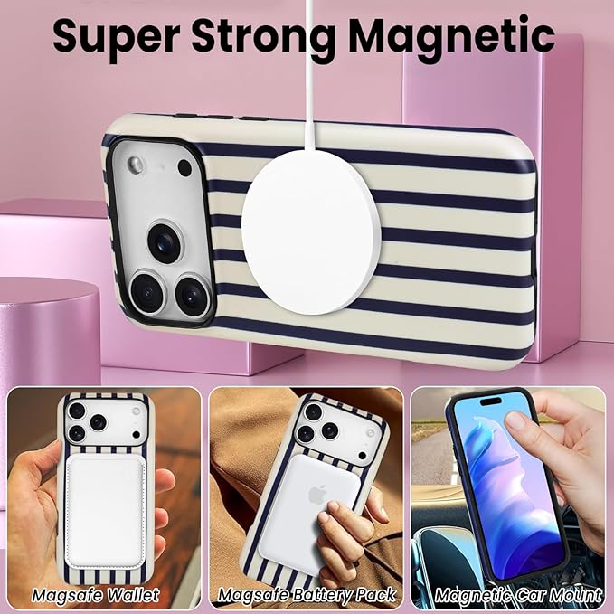 SOKAD Magnetic Vertical Stripes Phone Case for iPhone 17 Pro, Cute Navy Blue Striped Line Pattern Compatible with Magsafe Matte Protective Case Cover with Screen Protector for Girls Women