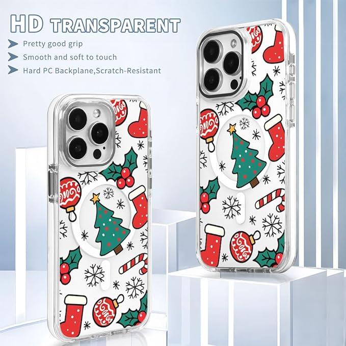 DAIZAG Case for iPhone 16 Pro, [Compatible with MagSafe],Phone Case for Women Girls Magnetic Clear Cover,Christmas Tree Socks Red