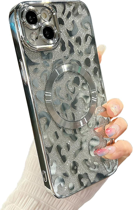 for iPhone 15 Plus Case Magnetic,Soft Cute Luxury Leopard Cheetah Pattern Plating Glitter Bling Phone Case Compatible with MagSafe Clear Shockproof Back Cover for Women Girl 6.7"-Silver