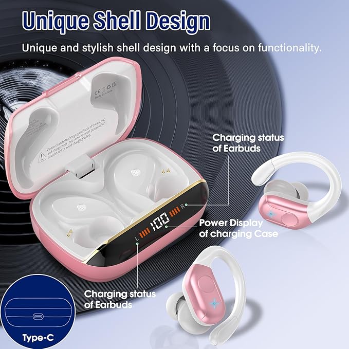 Wireless Earbuds Bluetooth 5.4 Headphones 75H Stereo Deep Bass Sports Over Ear Buds with Earhooks, LED Display Bluetooth Earbuds with 4 ENC Mic, IP7 Waterproof Earphone for Running, Pink