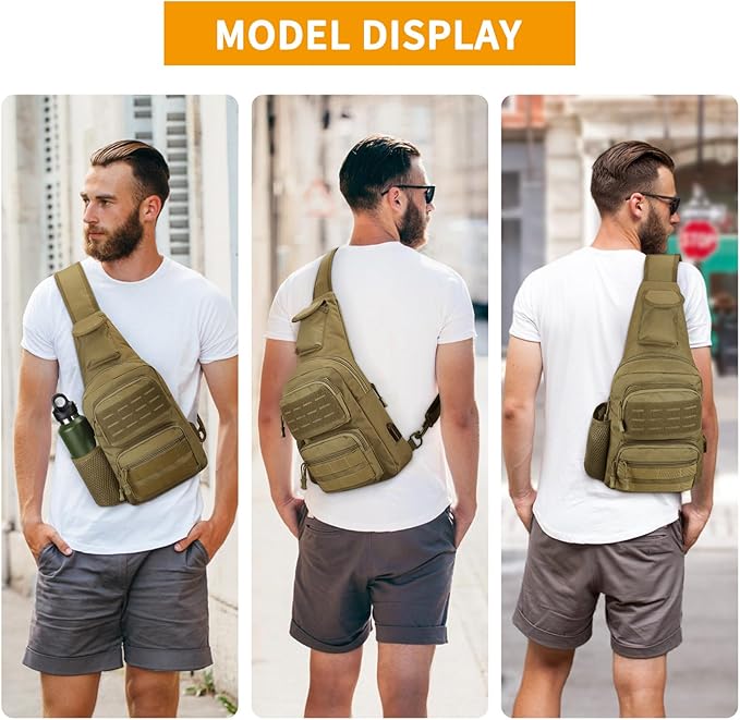 HUNTVP Tactical Sling Bag Crossbody Bag for Men Women EDC Shoulder Bags Molle Sling Backpack Chest Pack for Hiking Hunting Travelling Camping (Type3-Brown)