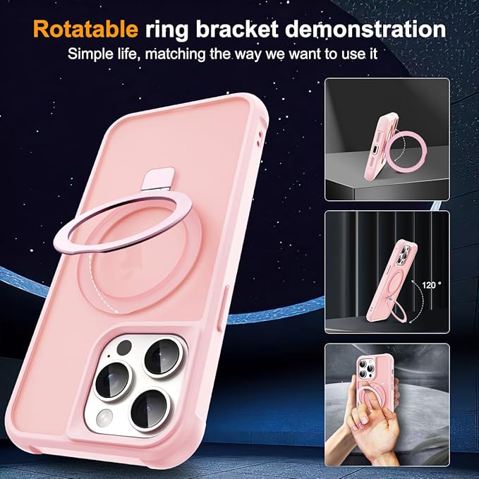 Compatible with iPhone 14 Pro Max Case with Invisible Magnetic O-Ring Stand Military-Grade Translucent Case for iPhone 14 ProMax 6.7" [Compatible with Mag-Safe][Great Grip Feeling], Pink