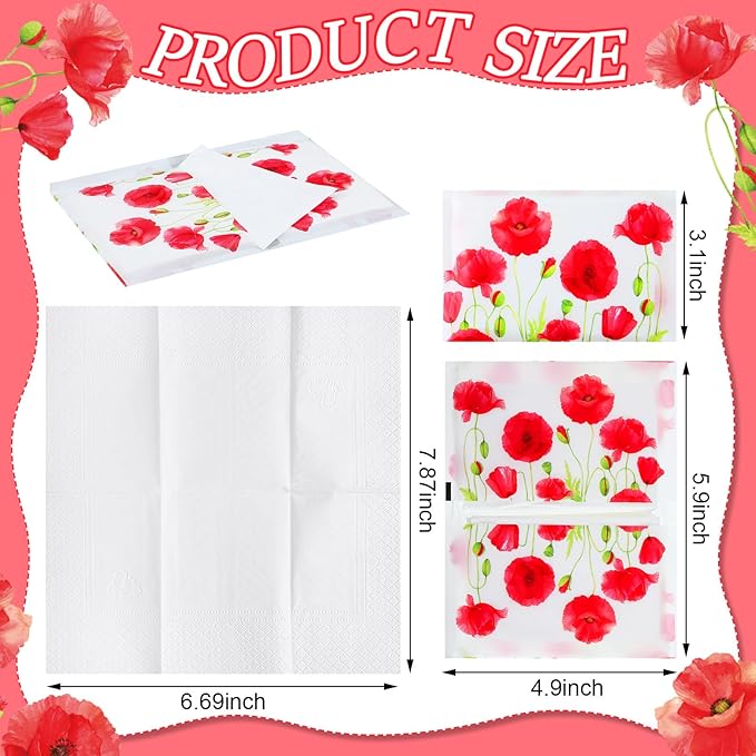 Geyee 50 Packs Facial Tissue Travel Packs Disposable Pocket Tissues for Wedding Guest Travel School Purse Home Supplies, 500 Sheets 3 Ply(Poppy)