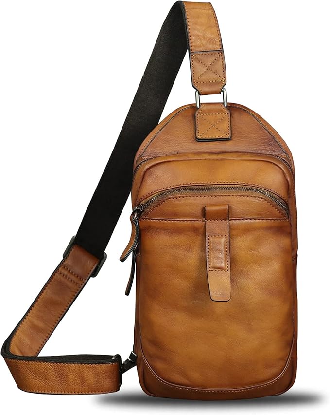 LRTO Genuine Leather Silng Bag for Men and Women Retro Leather Sling Backpack Purse Shoulder Crossbody Bag Chest Bag
