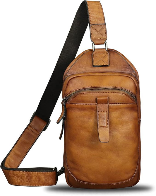LRTO Genuine Leather Silng Bag for Men and Women Retro Leather Sling Backpack Purse Shoulder Crossbody Bag Chest Bag
