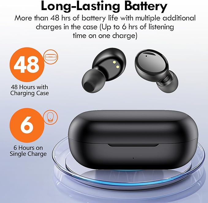 Lanteso True Wireless Bluetooth 5.3 Earbuds, 48H Playtime,Light Weight Headphones in Ear Buds Built in Mic Headset Premium Sound with Deep Bass,Clear Calls Earphones for Sports Workout Black