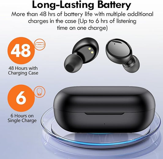 Lanteso True Wireless Bluetooth 5.3 Earbuds, 48H Playtime,Light Weight Headphones in Ear Buds Built in Mic Headset Premium Sound with Deep Bass,Clear Calls Earphones for Sports Workout Black