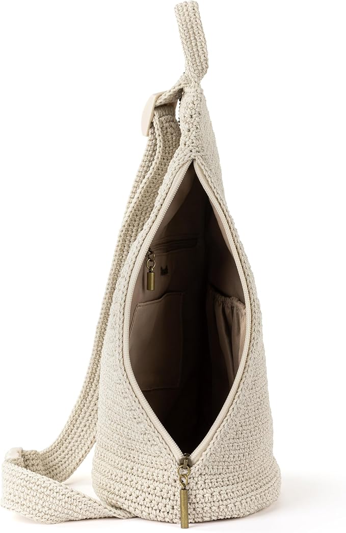 The Sak Geo Sling Backpack in Crochet, Single Backpack Strap, Ecru