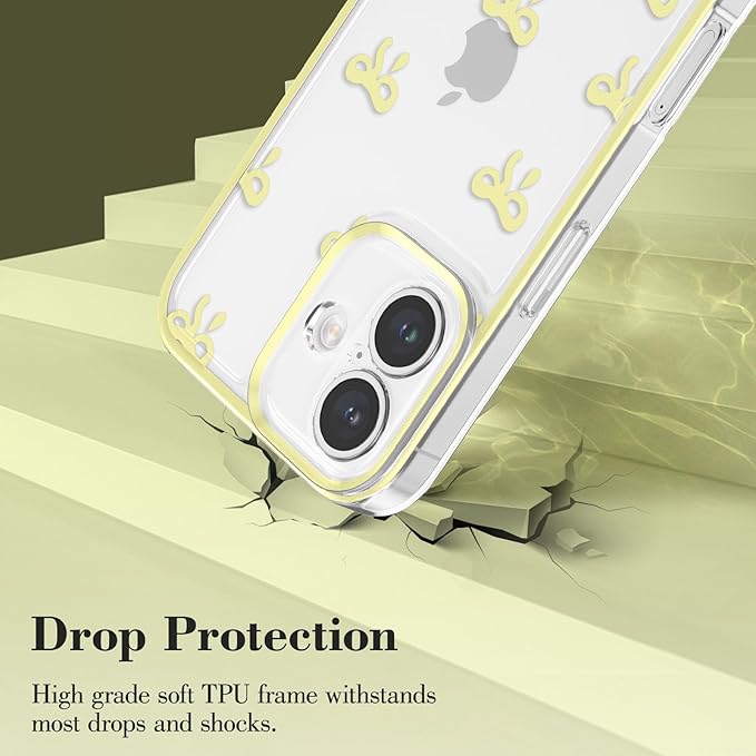 EYZUTAK Case for iPhone 16, Clear Cute Ribbon Bowknot Pattern Aesthetic Transparent Phone Case Raised Camera Protection Stylish Slim Soft Durable TPU Protective Cover for Women Girls - Yellow