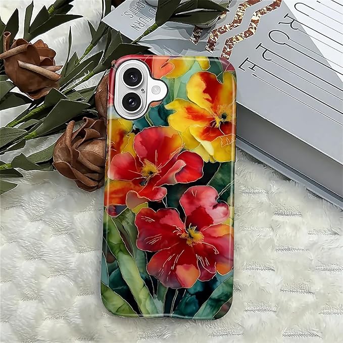 Case for iPhone 16 Case,Vintage Floral Girly Design - Hybrid Dual Protection Silicone + Hard PC Shockproof Full Body Cover Slim Anti-Scratch Protective Case for Men Women