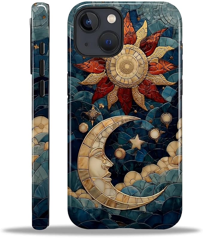 Case for iPhone 15 Plus Case,Sun Moon Stars Faux Stained Glass Design Hybrid Dual Protection Silicone + Hard PC Shockproof Full Body Cover Slim Anti-Scratch Protective Case for Men Women