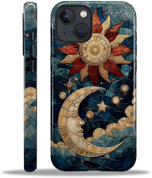 Case for iPhone 15 Plus Case,Sun Moon Stars Faux Stained Glass Design Hybrid Dual Protection Silicone + Hard PC Shockproof Full Body Cover Slim Anti-Scratch Protective Case for Men Women