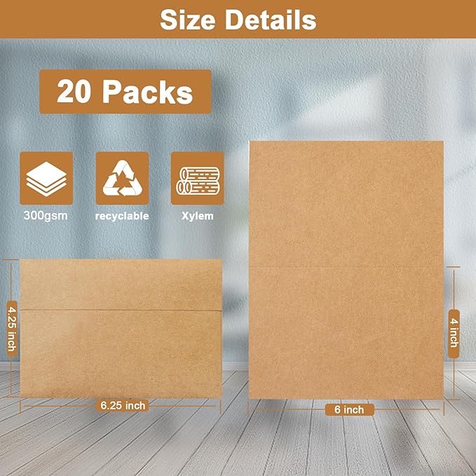 Brown Blank Cards and Envelopes 4 x 6 Heavyweight Folded Cardstock and A4 Envelopes Printable Self Seal 20 Packs for DIY Wedding Invitations, Party, Thank You Cards, Greeting Cards