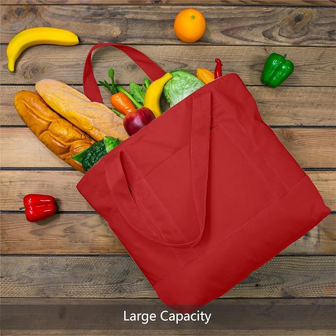 TOPDesign 1-Pack Canvas Tote Bags with an External Pocket, Reusable Grocery Shopping Bags, Top Zipper Closure, Daily Essentials (Red)