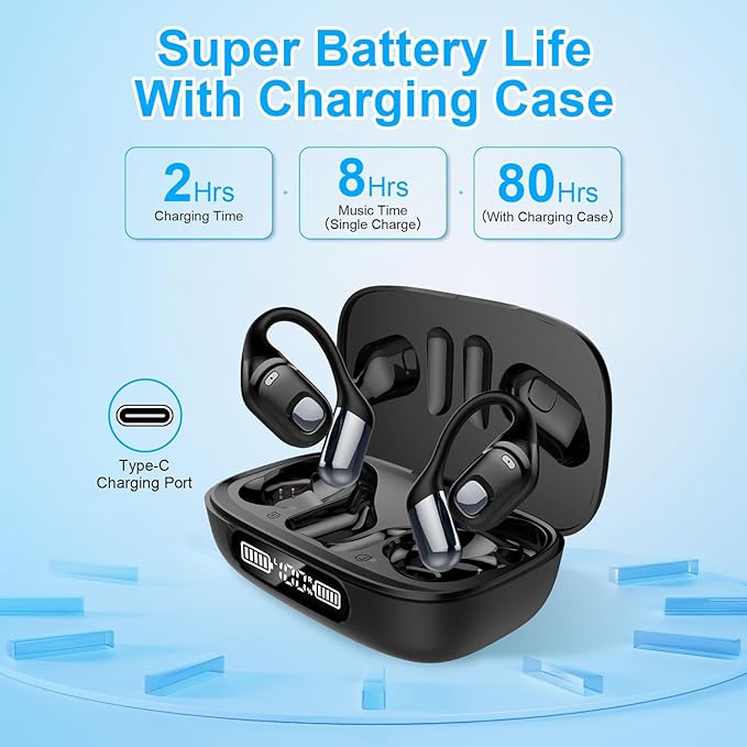 Open Ear Earbuds, Bluetooth 5.3 Wireless Air Conduction Headphones with Mic, LED Display Charging Case&Fast Charging, Ultra-Light Weight, 80H Playtime Earbuds for Work, Sports (Black)