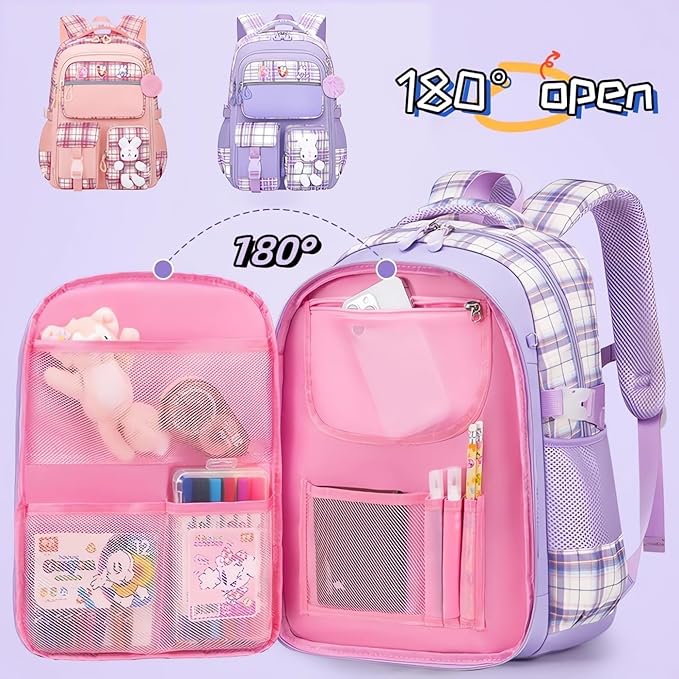 Girl Backpack for School Kids, Pink Cute Bookbag with Lunch Box Rainbow Elementary School Bag Pencil Case (Pink,3Pcs Set)