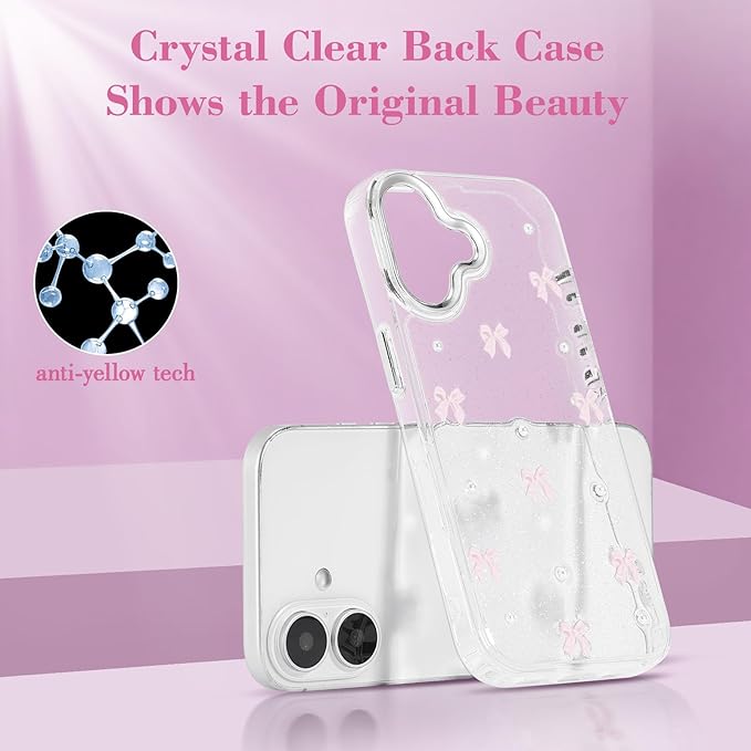 EYZUTAK Case for iPhone 16 Plus, Bling Glitter 3D Bowknot Phone Case Cute Sparkly Crystal Clear Bow Aesthetic Design Case Slim Soft Durable TPU Transparent Protective Cover for Women Girl - Pink Bow