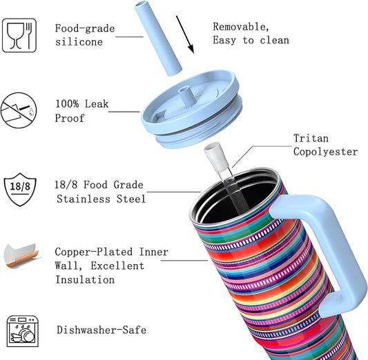 TILUCK 30 oz Tumbler with Handle, Vacuum Insulated Stainless Steel Travel Mug with 100% Leak-Proof Silicone Straw Lid, Cupholder Friendly Water Bottle(RainbowStripes, 30oz)