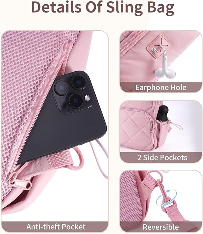 Wandering Nature Sling Bag for Women Lightweight Quilted Crossbody Bag Fits for 11" Tablet with Breathable Back Panel Anti Theft Pocket Padded Strap USB Charge Port, Ideal for Travel, Daily Use