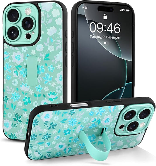 Compatible with iPhone 16 Pro Max Case with Finger Hand Strap Kickstand, Cute Flowers Floral Phone Case for Girls Women Men, Full Camera Protection Shockproof Protective Cover, Green Flowers