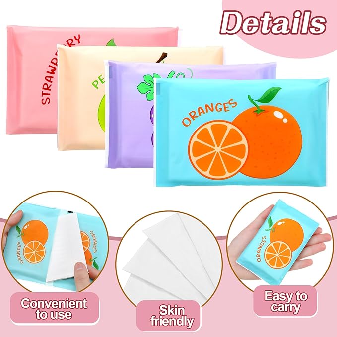 PerKoop 100 Pack Pocket Tissues Travel Slim Packs Small Facial Tissues Wallet Size Toilet Paper for Travel Guest Wedding Supplies, 4 Styles(Fruits)
