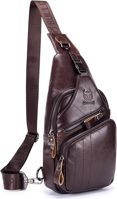 BULLCAPTAIN Leather Men Sling Bag Casual Crossbody Chest Bags Travel Daypack