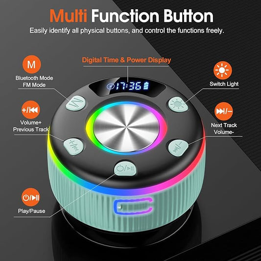 Bluetooth Shower Speaker, Portable Bluetooth 5.3 Speakers Wireless with Time Display, IP7 Waterproof Speakers with RGB Light, Suction Cup, Mini Stereo Speaker for Bathroom Party Beach Outdoor, Green